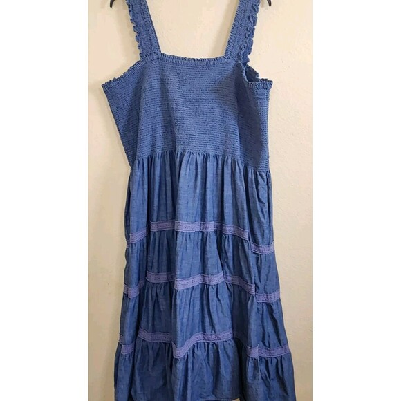 Lands End  Tiered Tank Maxi Smocked Square‎ Neck Prarie Boho Chambray Dobby  3XL - Picture 1 of 11